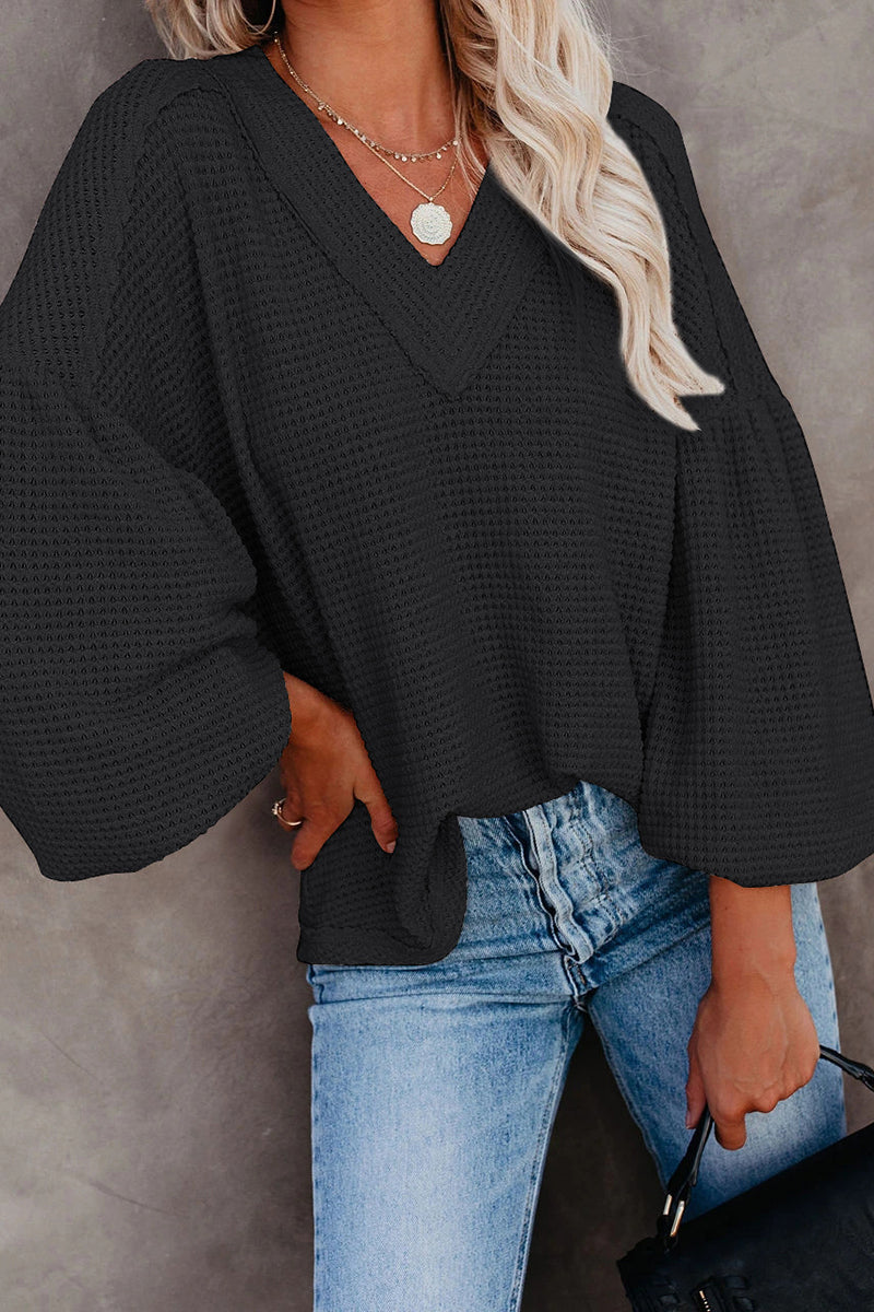 Thermal V Neck Puff Sleeve Sweater