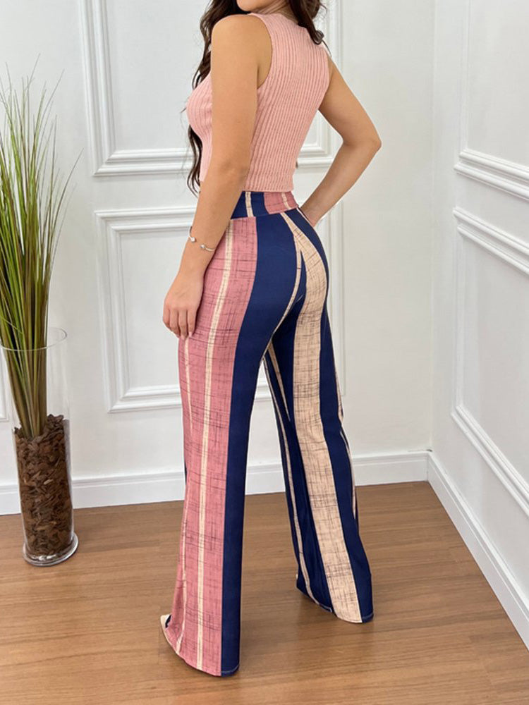 Women's Sets Sleeveless Vest Striped High Waist Pants Two-Piece Set