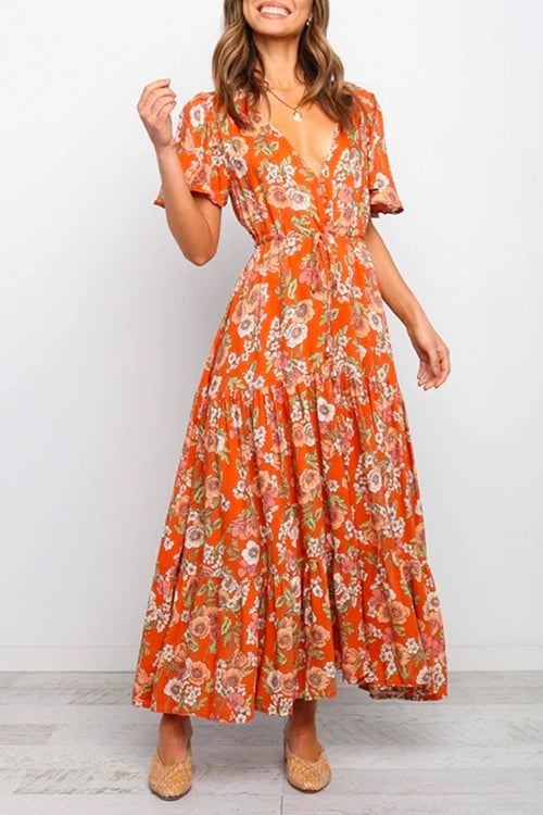 Buttons V Neck Tie Waist Ruffle Tiered Maxi Floral Dress