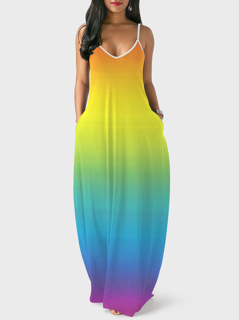 Multicolor Stripe/Gradient Print V-neck Sling Long Dress