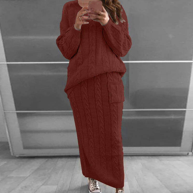 Long Sleeve Knit Loose Sweatshirt and Long Skirt Set