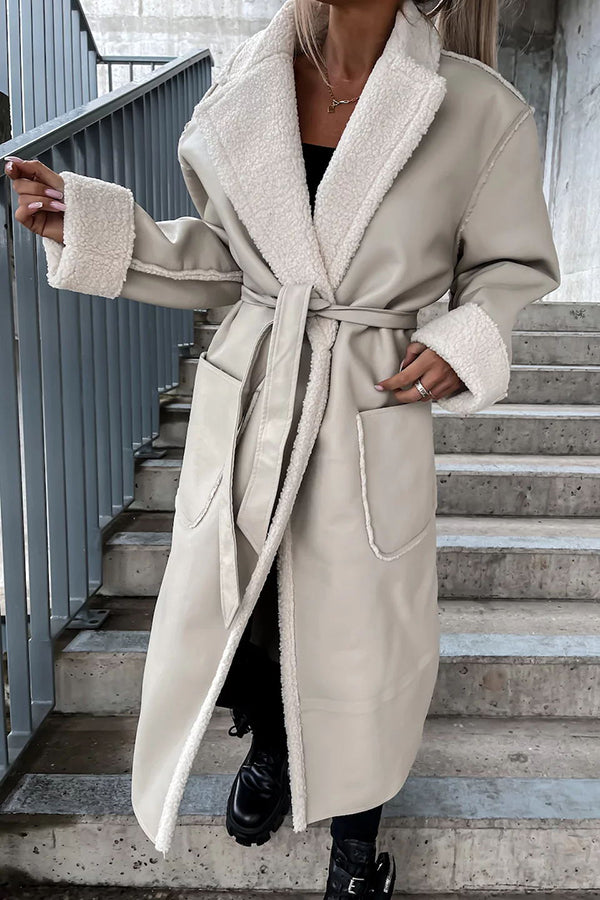 Own The World Faux Leather Teddy Lined Belt Midi Coat