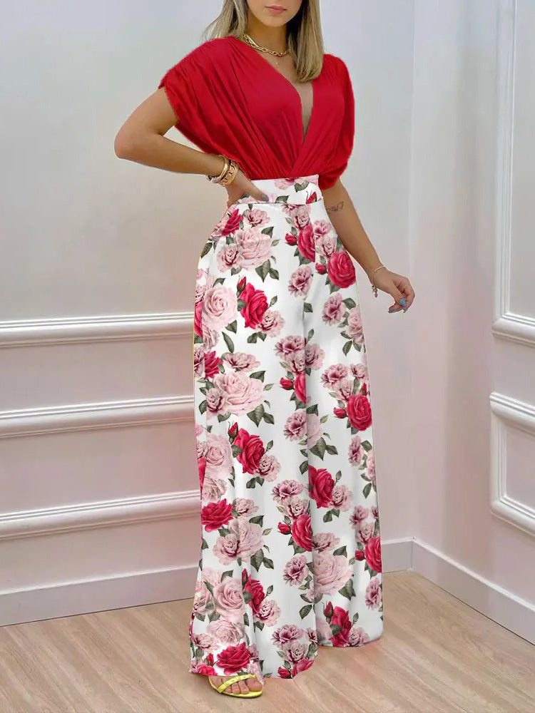 Women's Sets Doll Sleeve Top & Printed Wide Leg Pants Two Piece Set