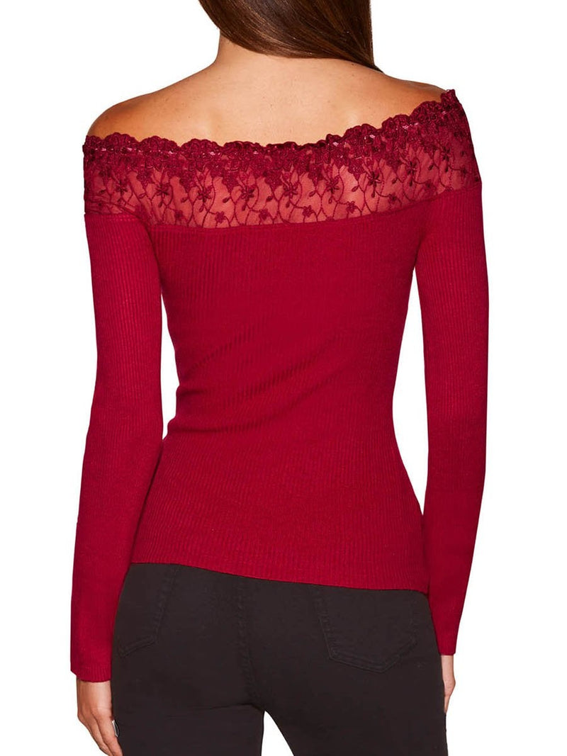 Lace Off Shoulder Ribbed Sweater Top