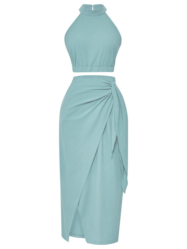 Two Piece O-Neck Sleeveless Solid Tank Top and Wrap Midi Skirt Set
