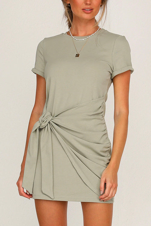 Short Sleeve Knot Waist Solid T-shirt Dress