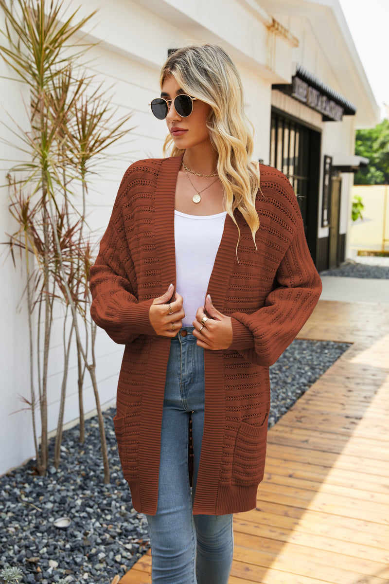 Open Front Pocketed Long Sleeve Knitted Solid Cardigan