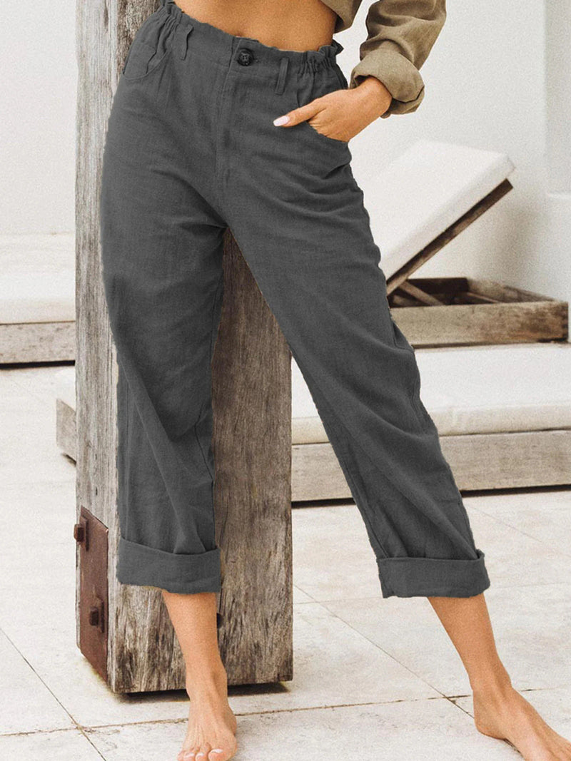 Women's Pants Solid High Waist Pocket Casual Pants