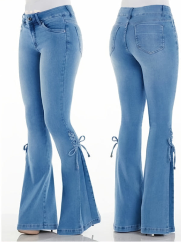 Laced Bell-Bottom Jeans, Stretchy Mid-Rise Boot Cut Flared Leg Jeans, Women's Clothing & Denim