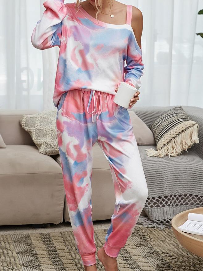 Women's Set Long Sleeve Round Neck Strapless Tie-Dye Two-Piece Suit