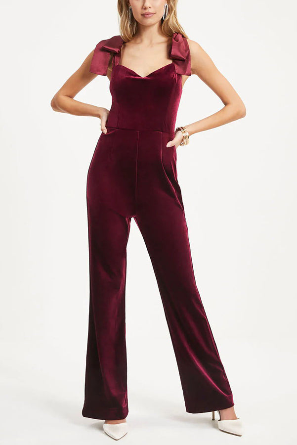 Spoil Me Velvet Sweetheart Neck Shoulder Tie Jumpsuit