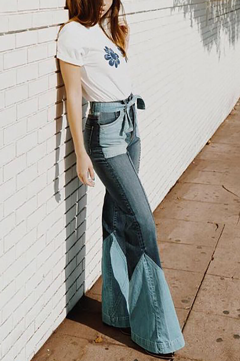 70S Color Block Belted Bell Jeans