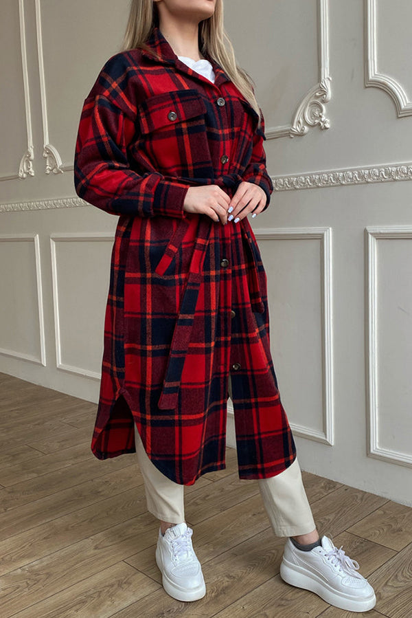 Warm on Up Belted Plaid Midi Coat