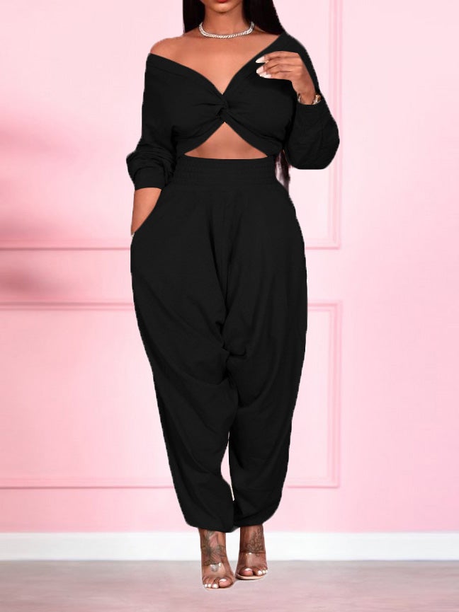 Women's Sets Crop Cross Top & Track Pants Two-Piece Set