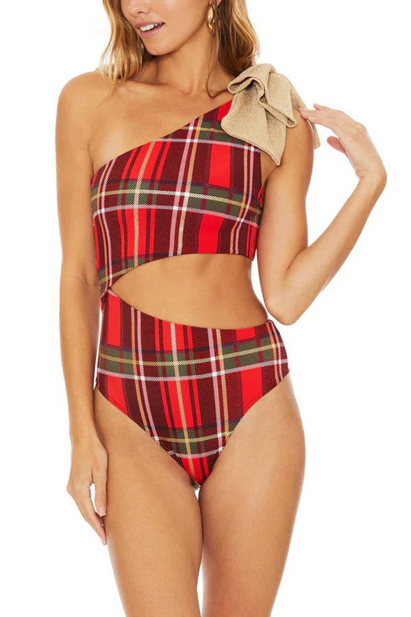 Ready for A Lil Holiday Plaid One Shoulder One-Piece Swimsuit