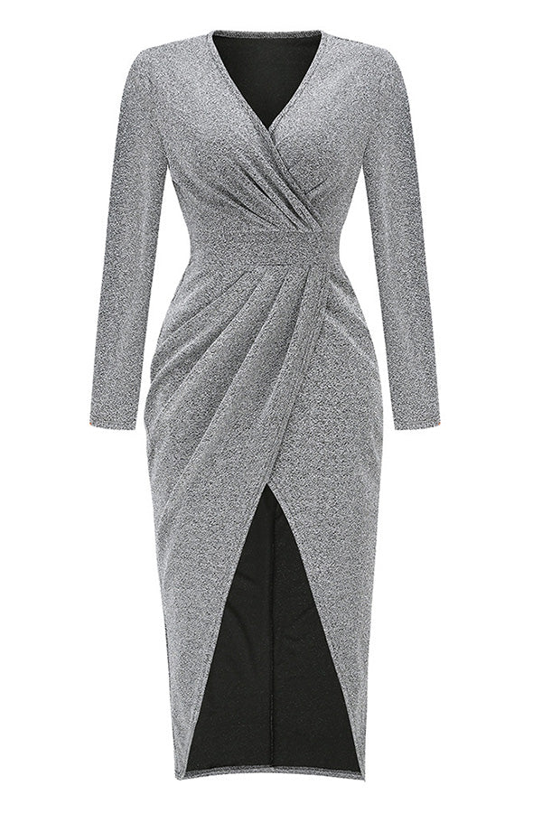 Livia Glitter Long Sleeve Ruched Split Maxi Dress
