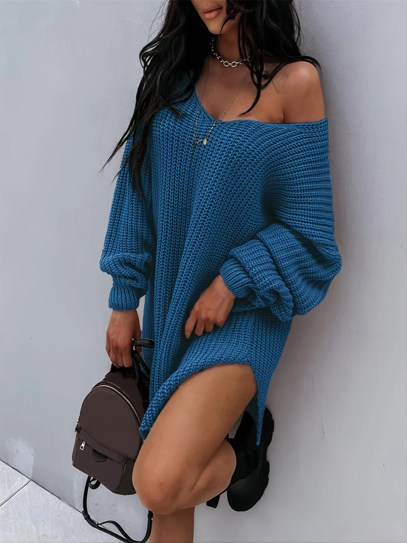 Fashion Lantern Sleeve Knitted V-neck Loose Sweater