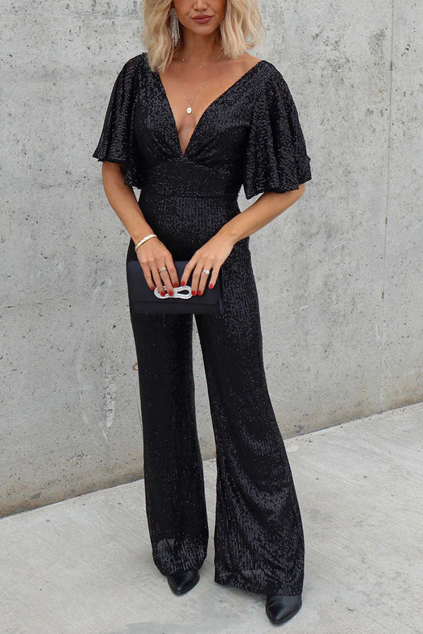 Light of Darkness Flutter Sleeve Sequin Jumpsuit