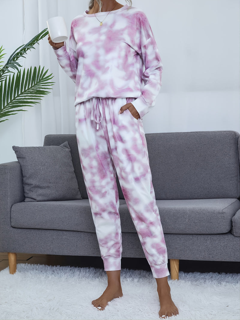 Casual Print Pantsuits Two-piece Set, Drop Shoulder Pullover Tops & Loose Long Pants Set, Women's Clothing