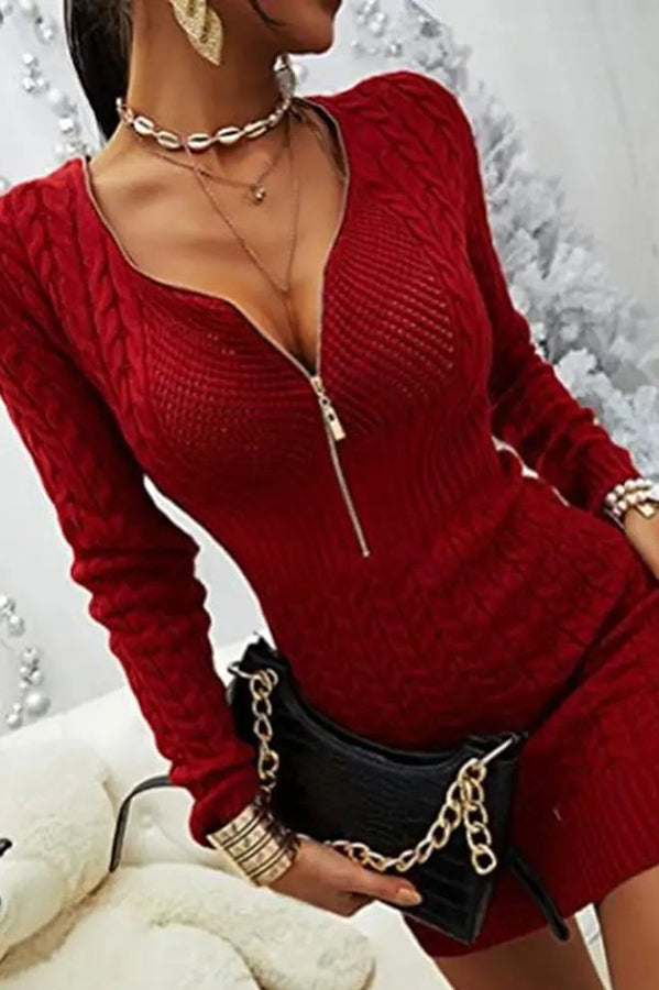 All Fall Things Cable Zipper Neck Knit Sweater Dress