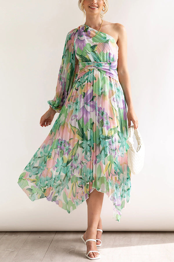 Bloom Your Own Way One Shoulder Pleated Midi Dress