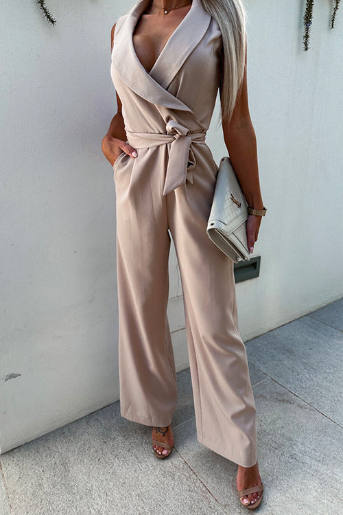 Lapel Sleeveless Tie Waist Solid Wide Leg Jumpsuit