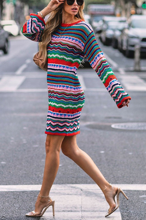Fall Spice Long Sleeve Crochet Knit Mini Dress