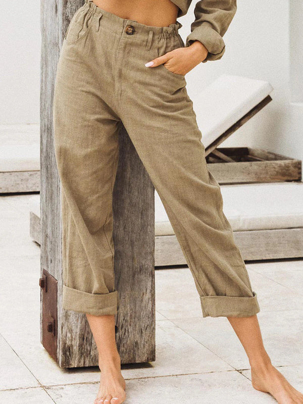 Women's Pants Solid High Waist Pocket Casual Pants