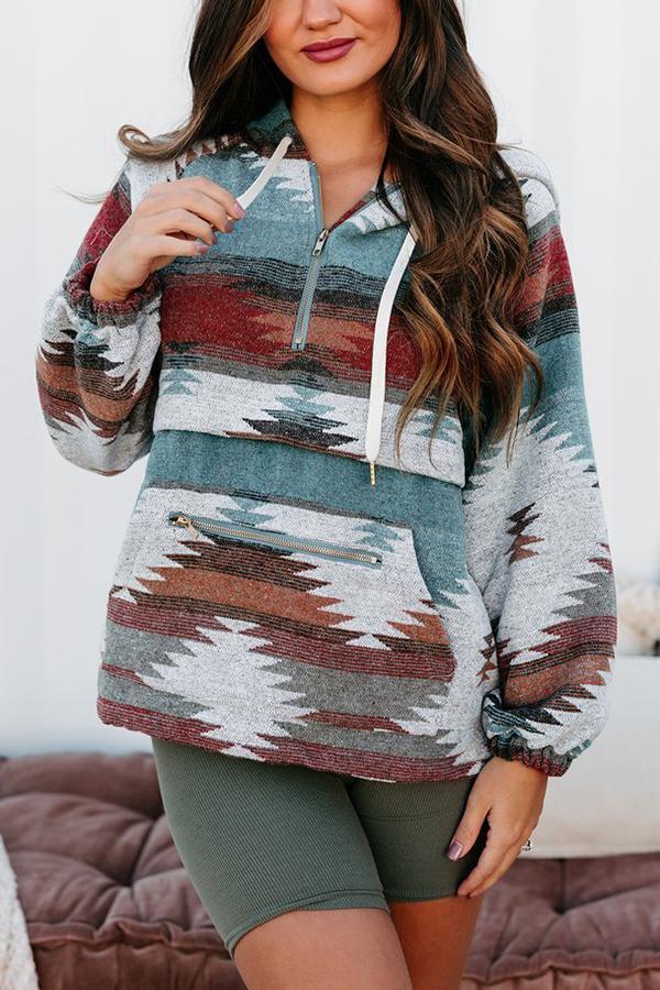 Sunset Aztec Print Pocketed Hoodie