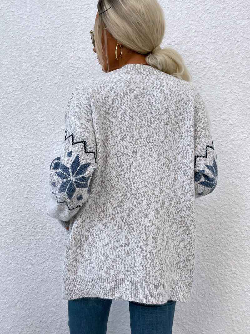Printed Buttoned Knitted Long Sleeve Sweater Cardigan