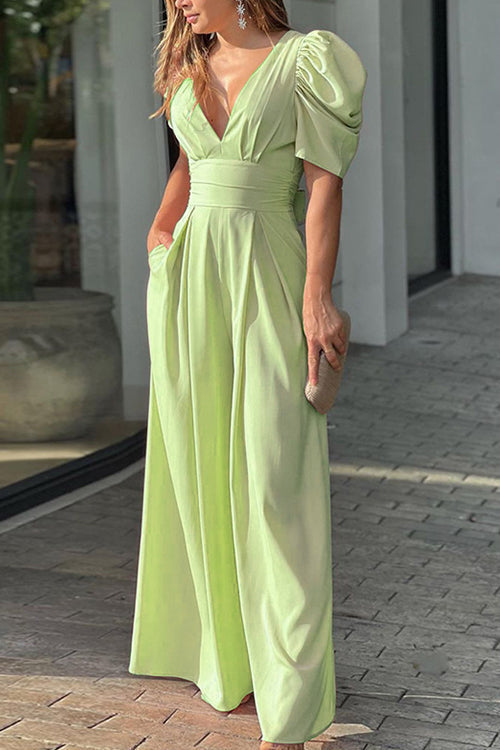 V Neck Puff Sleeve Belted Jumpsuit