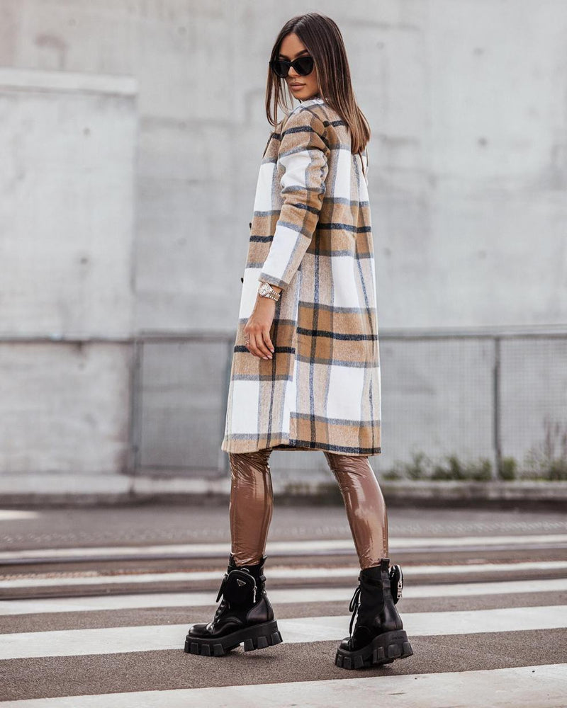 Casual Long Sleeve Plaid Long Woolen Cardigan Jacket