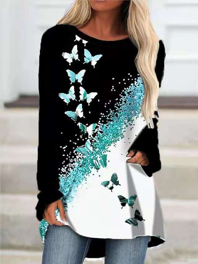 Fashion Round Neck  Butterfly Print Loose Blouse Top