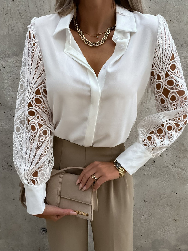 Lace Sleeve Bend Down Collar Shirt Blouse Top