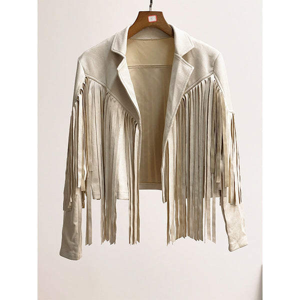 Turn Down Collar Fringed Leather Crop Jacket