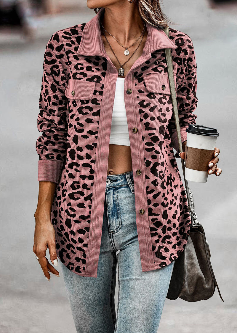 Fashion Leopard Print Turn Down Collar Button Shirt Jacket