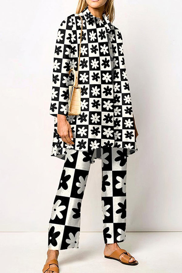 Two Piece Collar Print Loose Top Wide Leg Pant Set