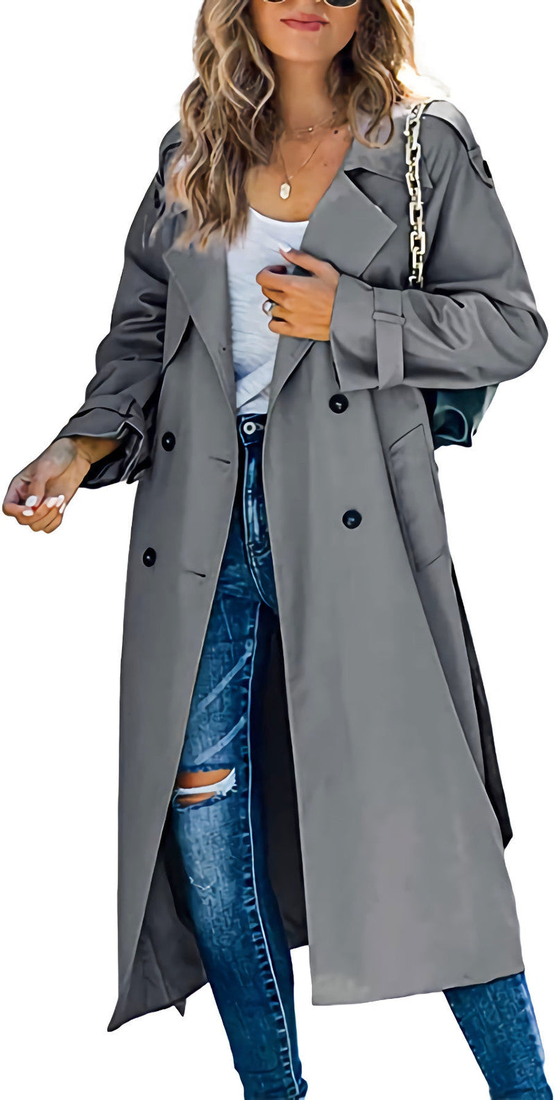 Turn Down Collar Double Breasted Long Trench Coat