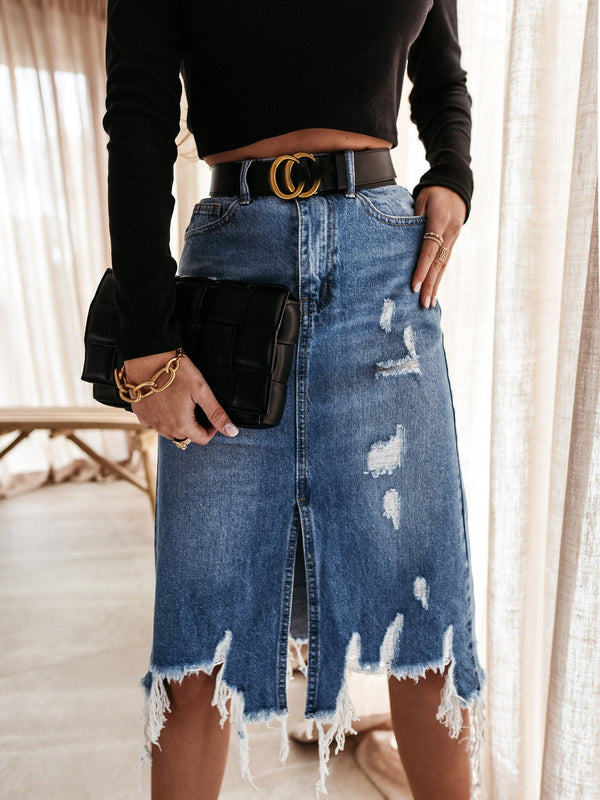 High Waisted Cut Hem Distressed Stretchy Midi Jeans Skirt