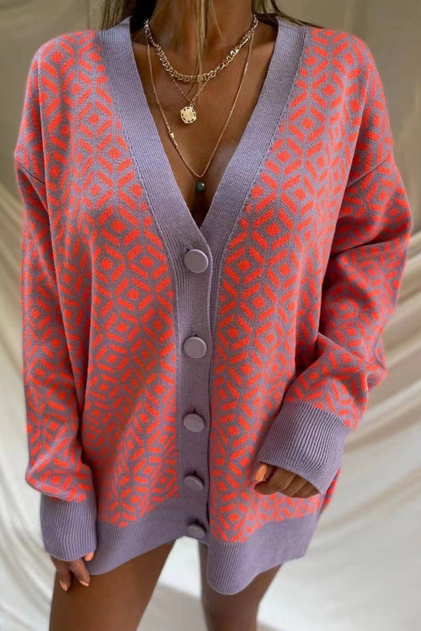 Argyle Color Block Button Cardigan