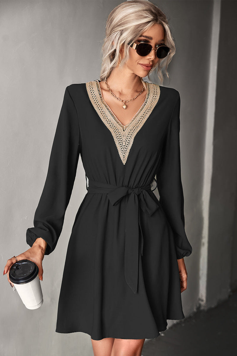 Elegant V-Neck Long Sleeve Belted Mini Dress