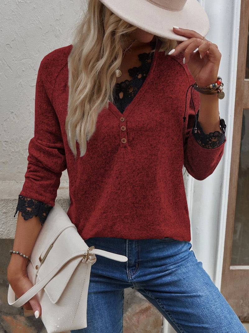 Button Up Long Sleeve V Lace Neck Pullor Top
