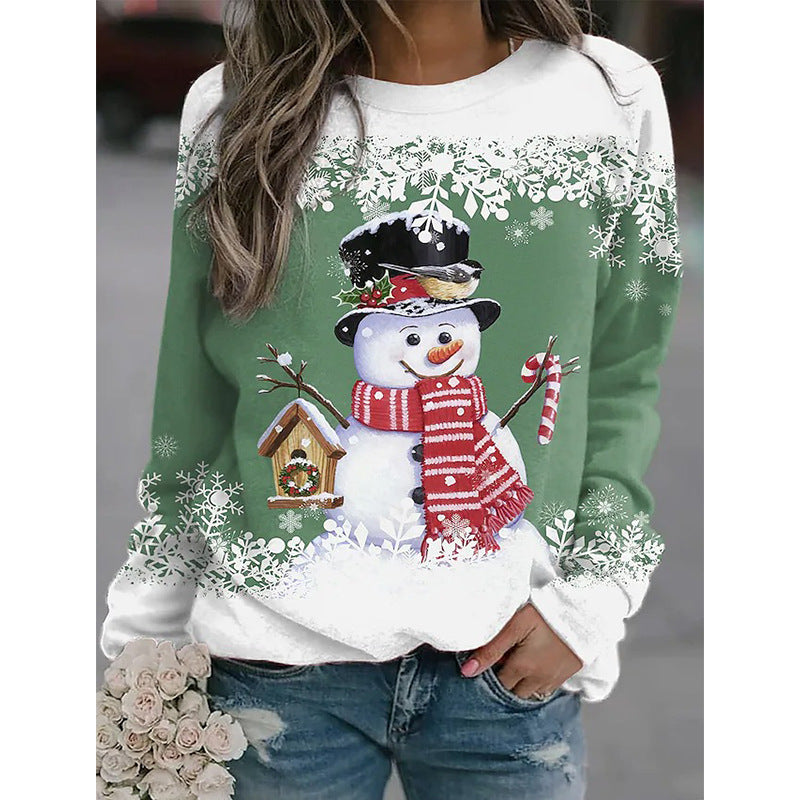 Casual Long Sleeve Crew Neck Snowman Print Sweatshirt