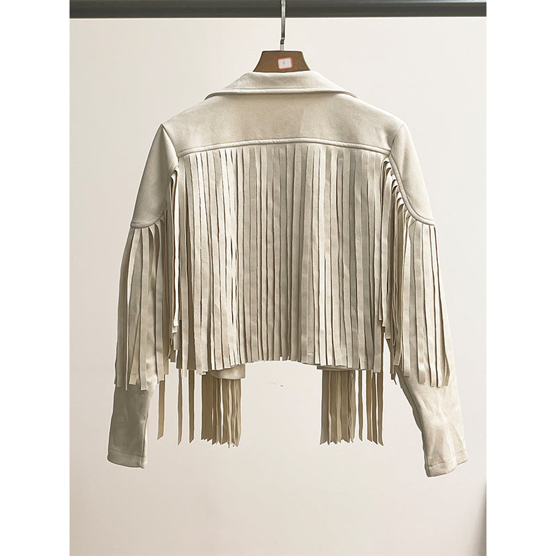 Turn Down Collar Fringed Leather Crop Jacket