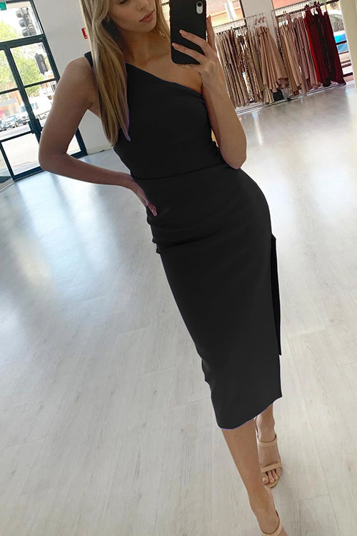 One Shoulder Slit Slim Midi Dress