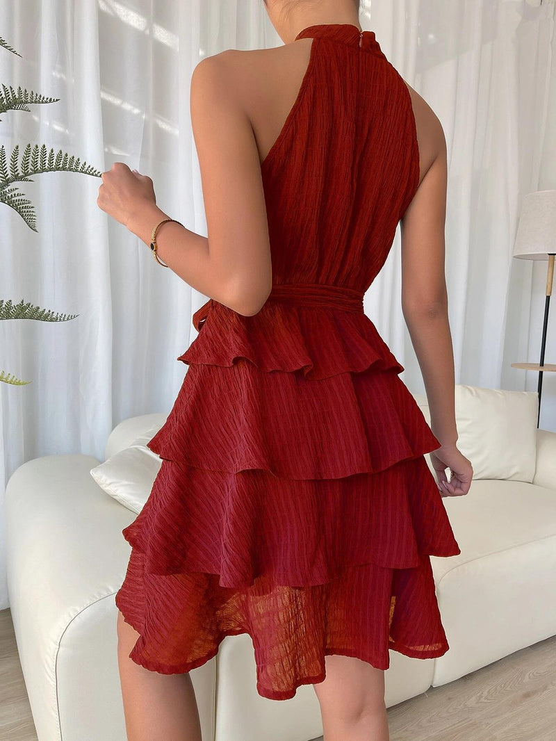 Fashion Sleeveless Halter Belted Ruffle Mini Dress