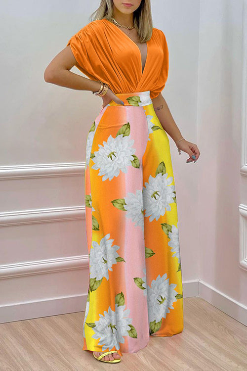 V Neck Bat Blouse Print Wide Leg Pants Set