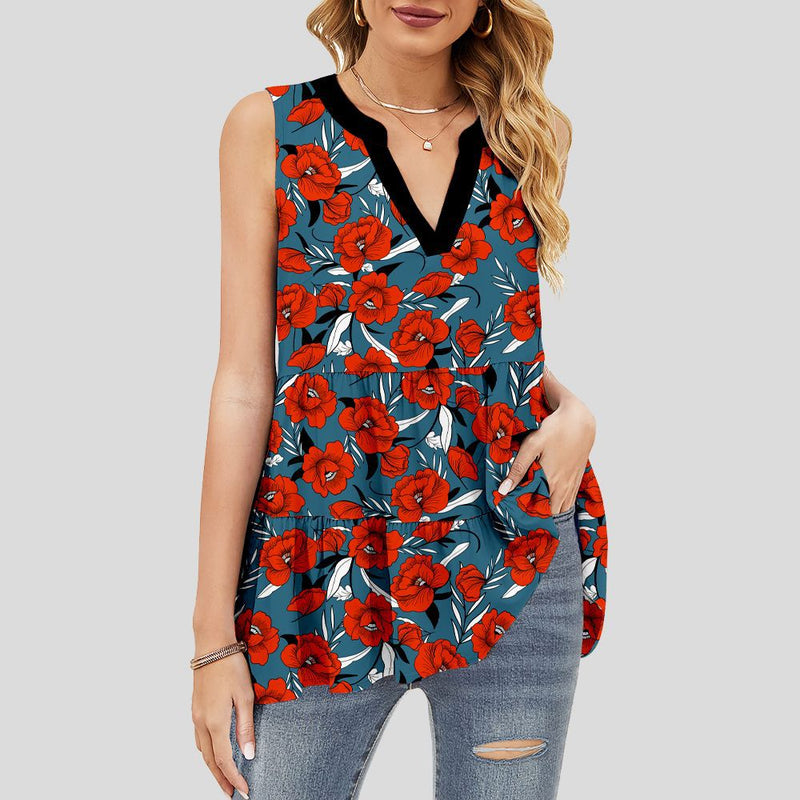 Scoop Neck Sleeveless Flared Printed Blouse Top