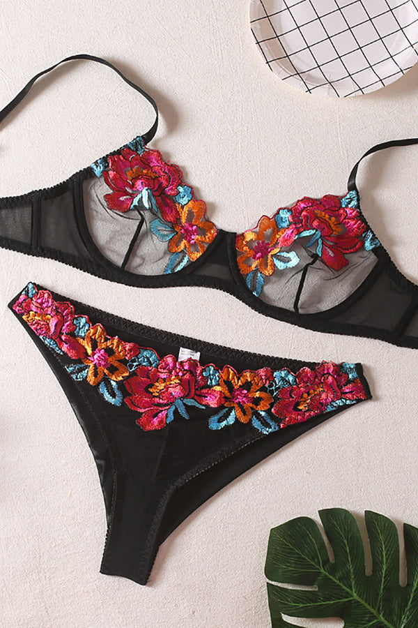 Flower Embroidered Mesh Lingerie Set