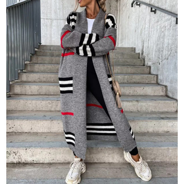 Long Sleeve Open Front Stripped Print Long Cardigan